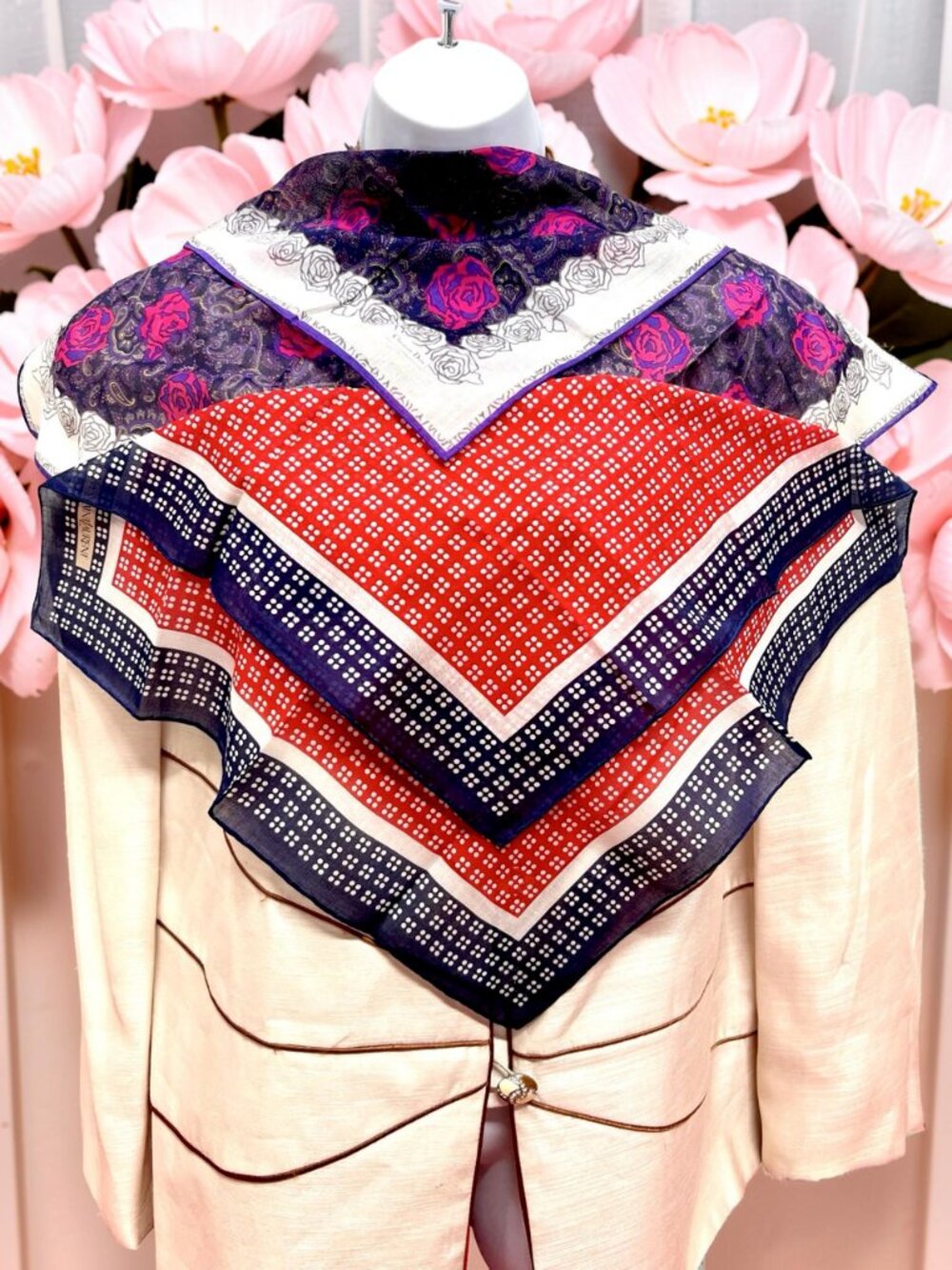 2) New Christian Dior & YSL Mini Scarf/Neck-kerchief Cott 18.5" Red Blue (19